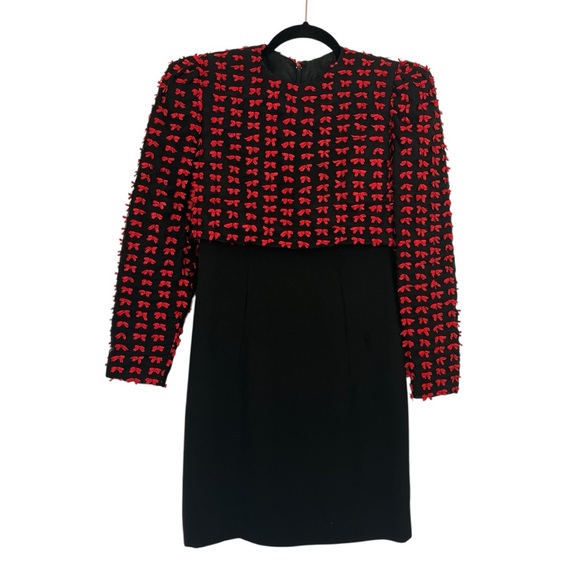 Vintage 1980s Carolina Herrera Black Coctail Dress with Red Bow Detail Size 8